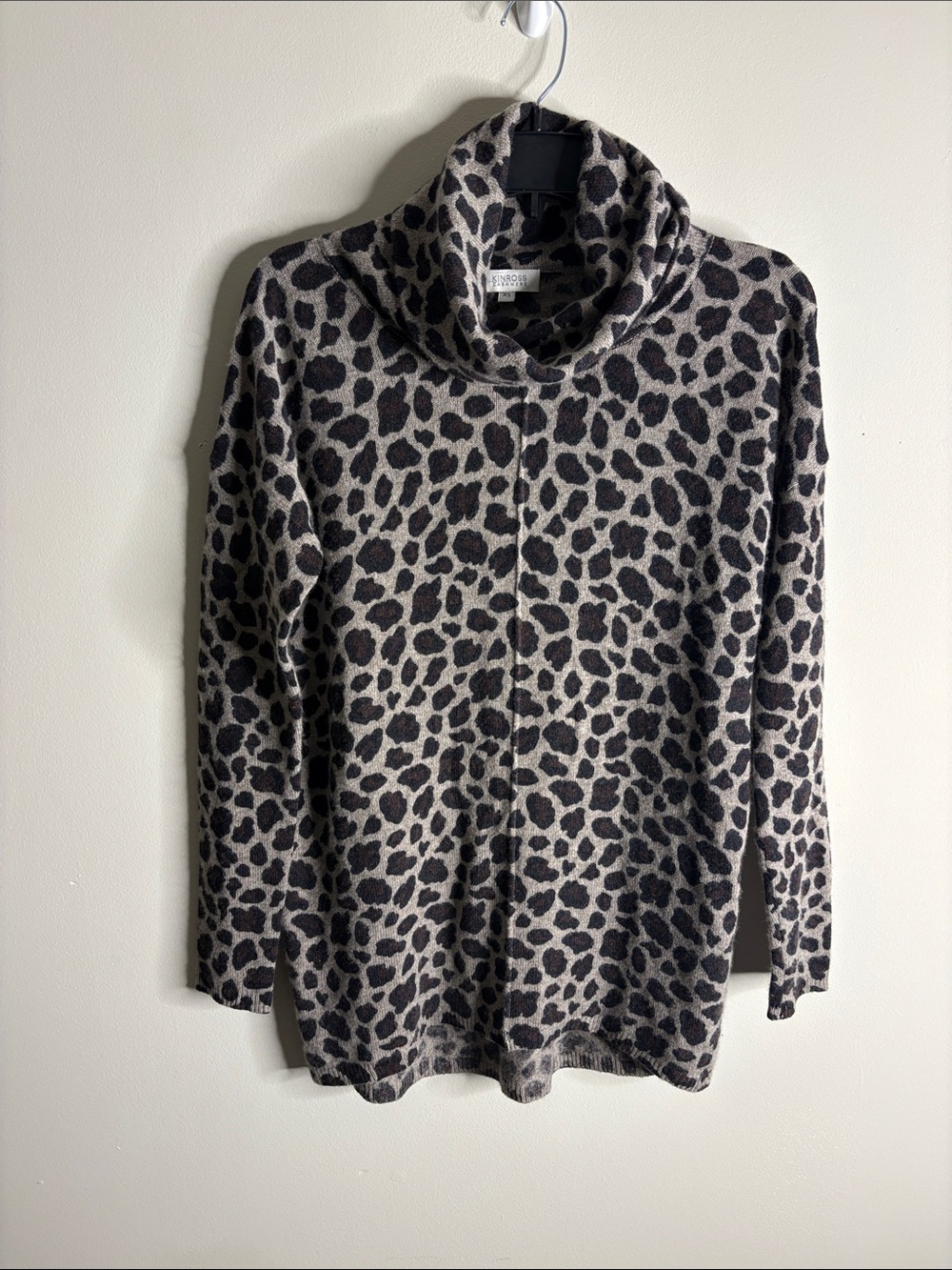 Kinross Cashmere Leopard-Print Cowl Neck Sweater in Taupe and Black